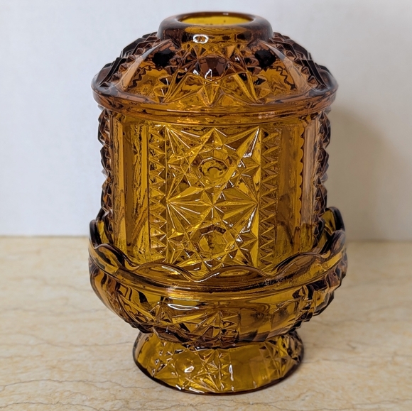 Vintage Indiana Glass Stars & Bars Amber Fairy Lamp Candle Holder - Picture 3 of 12